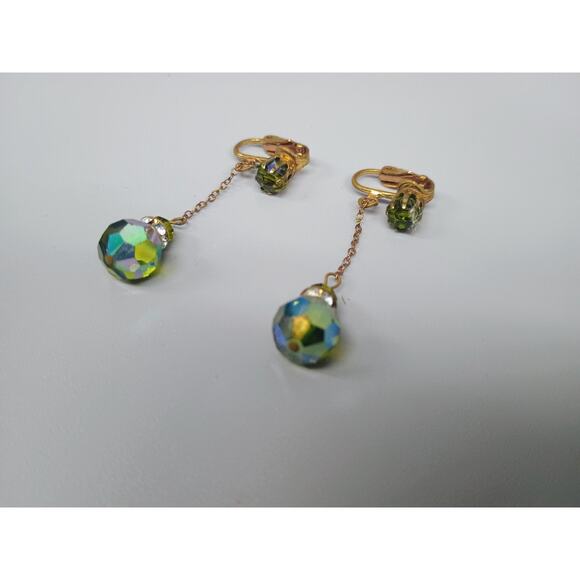 Vintage Earrings Gold Tone Clip Ons Aurora Borealis Dangle Rhinestone - Picture 3 of 5